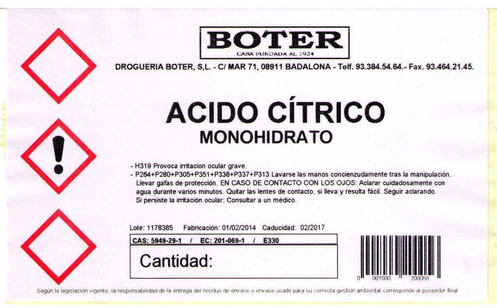 ÁCIDO CÍTRICO MONOHIDRATO GRANO FINO FARMA. ALIM. BOTER