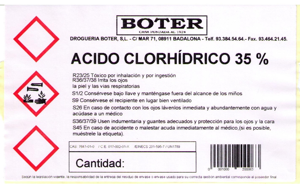 ÁCIDO CLORHÍDRICO &gt;35 % BOTER