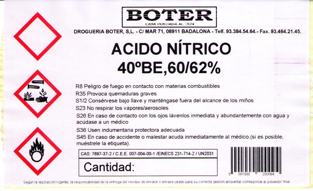 ÁCIDO NÍTRICO 40‡BE, 60/62 % BOTER