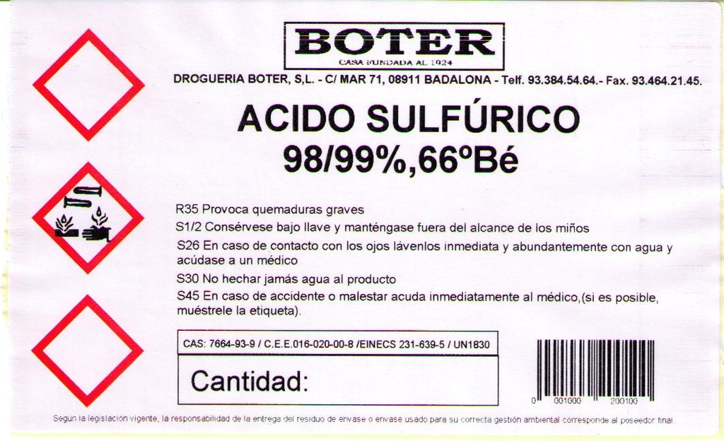 ÁCIDO SULFÚRICO 98/99 %, 66º BE BOTER