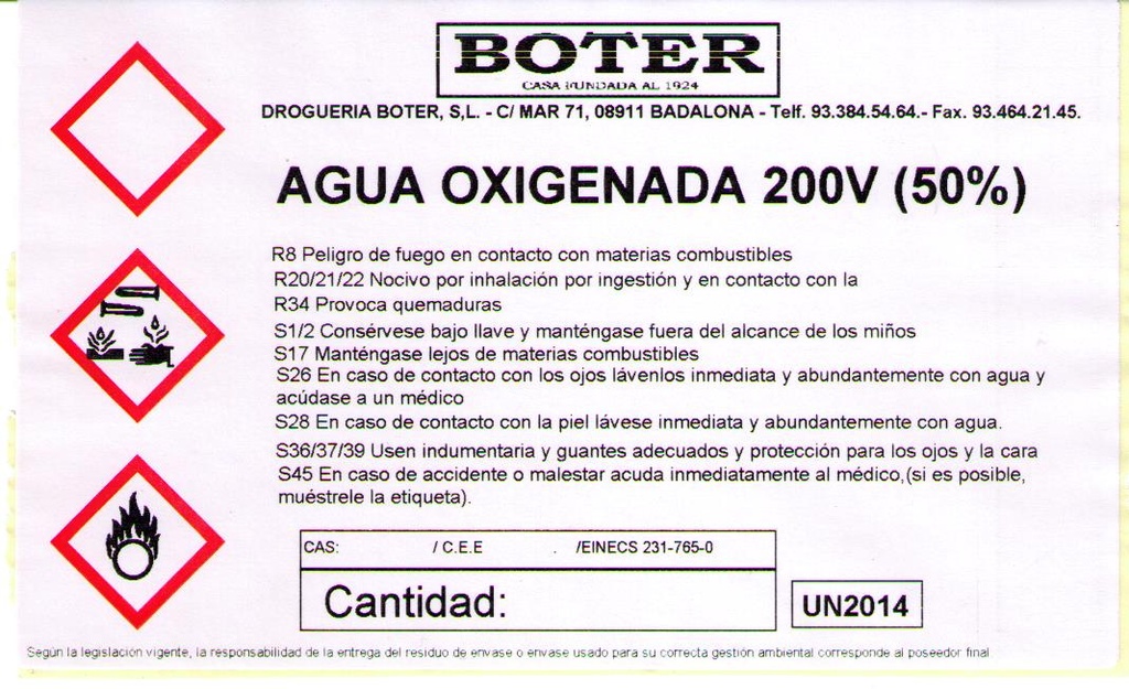 AGUA OXIGENADA 50% (200 VOL.) - PERÓXIDO DE HIDRÓGENO BOTER