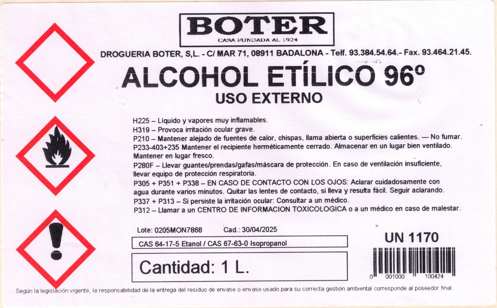 ALCOHOL ETÍLICO 96º USO EXTERNO BOTER