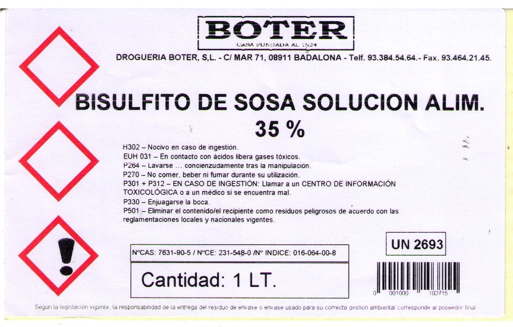 BISULFITO DE SOSA SOLUCIÓN ALIM. 35% BOTER