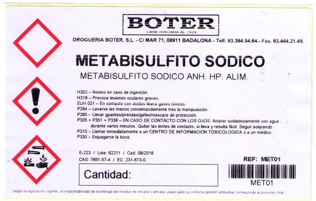 METABISULFITO SÓDICO ANH. HP. ALIM. BOTER