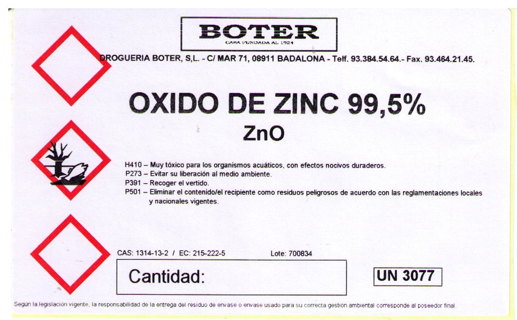 ÓXIDO DE ZINC POLVO 99 % Gº F  BOTER