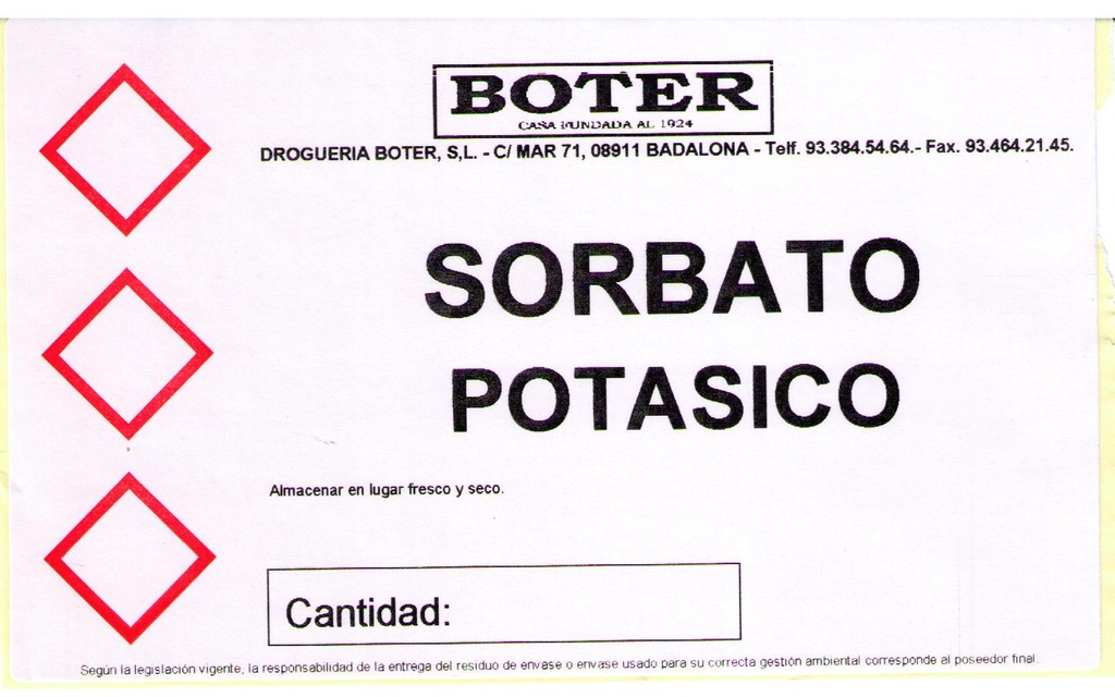 SORBATO POTÁSICO POLVO &quot;H&quot; BOTER