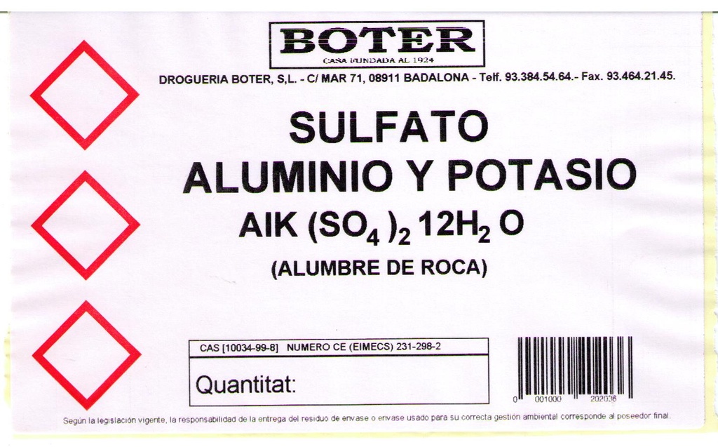 SULFATO DE ALUMINIO Y POTASIO (ALUMBRE DE ROCA) PH. EUR. BOTER