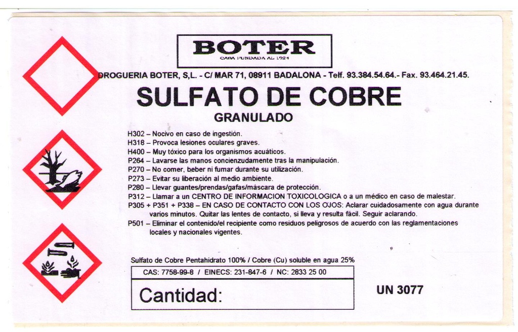 SULFATO DE COBRE GRANULADO 5-HIDRATO BOTER