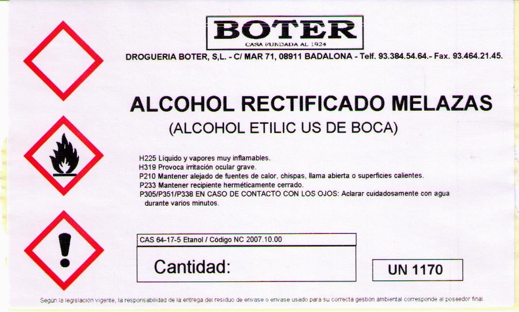 ALCOHOL ETÍLICO DE MELAZA 96º (USO DE BOCA) BOTER