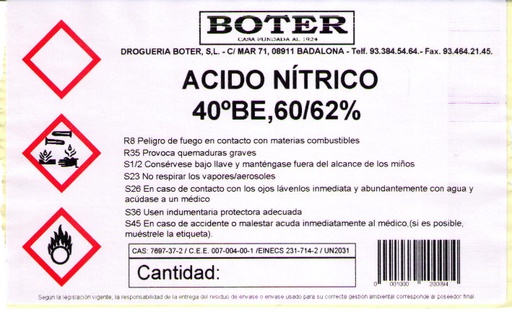 ÁCIDO NÍTRICO 40ºBE, 60/62 % BOTER