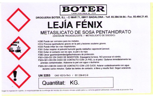 LEJÍA FÉNIX (METASILICATO SÓDICO PENTAH.) BOTER