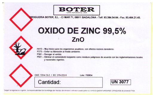 ÓXIDO DE ZINC POLVO 99 % Gº F  BOTER